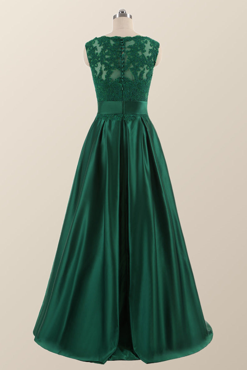 Green Lace and Satin A-line Long Formal Dress