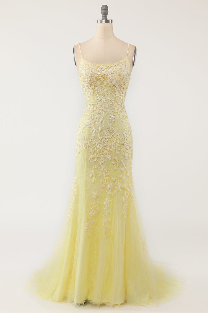 Gorgeous Yellow Halter V-Neck Evening Dress Mermaid Appliques Sleeveless