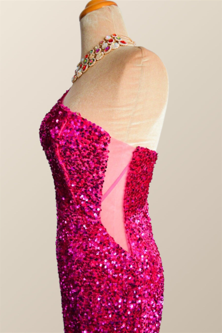 One Shoulder Fuchsia Sequin Mermaid Long Party Dress