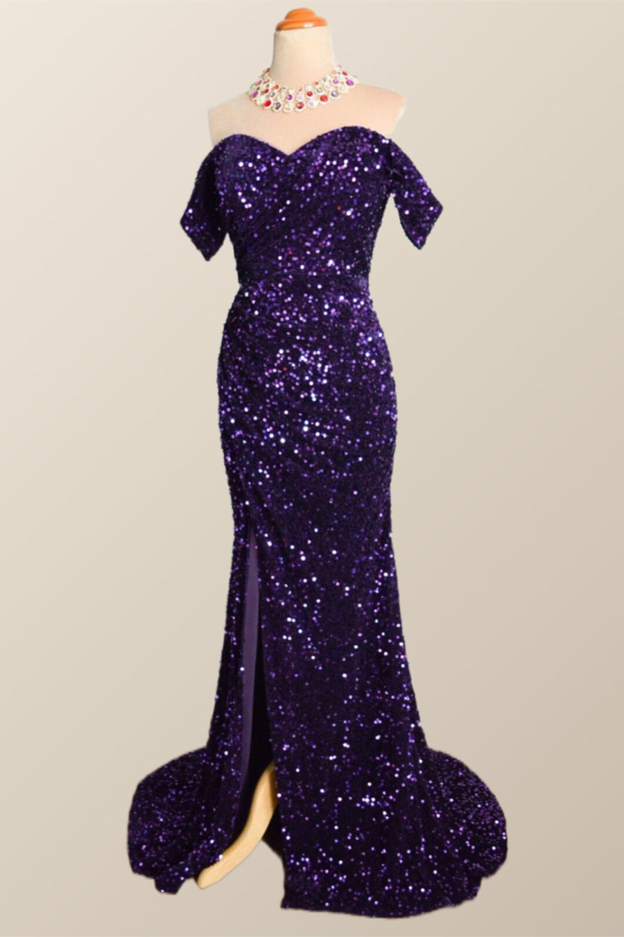 Off the Shoulder Purple Velvet Sequin Mermaid Party Dress