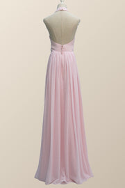 Halter Pink Chiffon A-line Long Bridesmaid Dress
