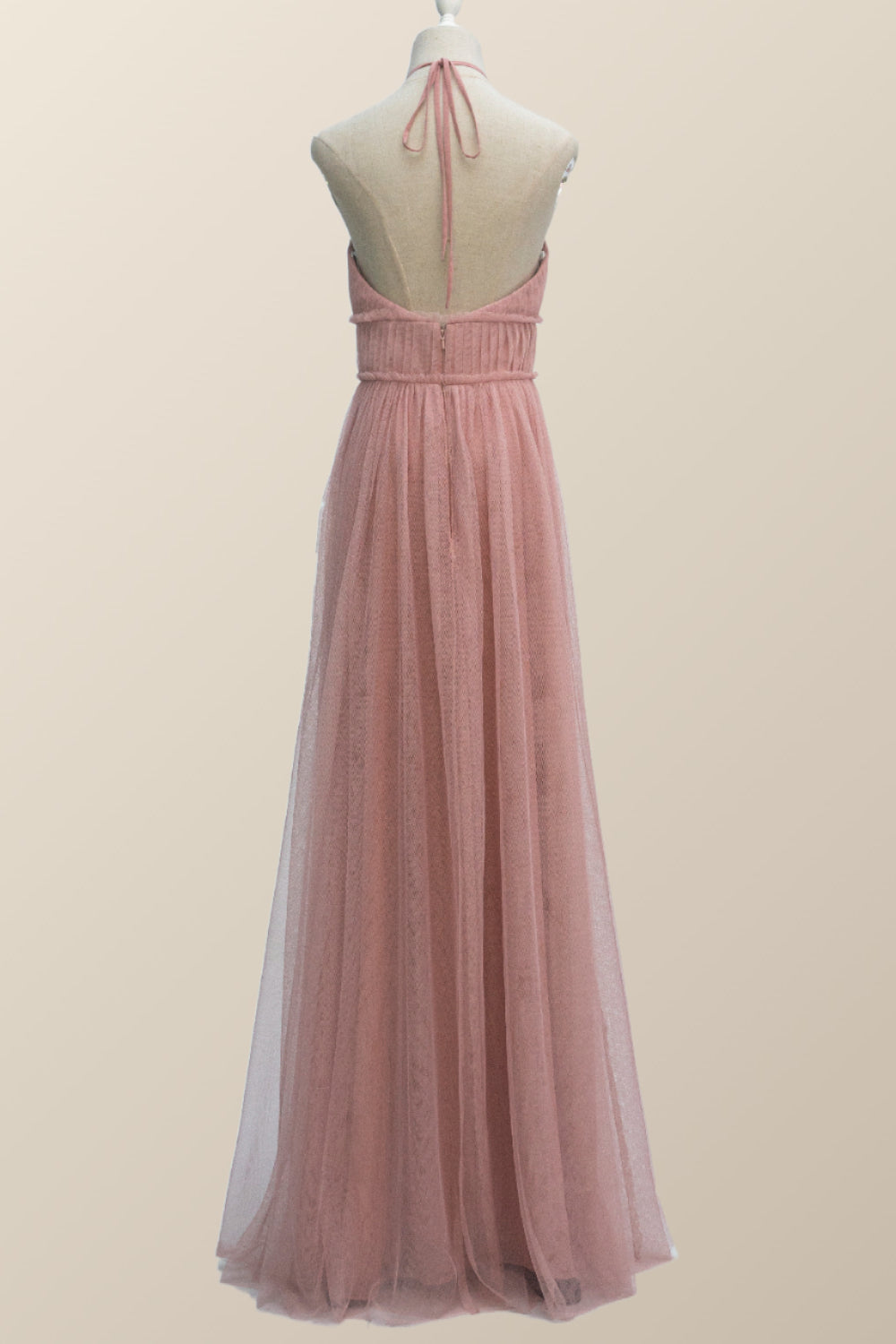 Halter Blush Pink Tulle Long Bridesmaid Dress – Ohmollydress