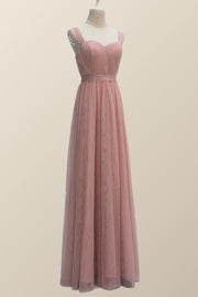 Empire Blush Pink Tulle A-line Long Bridesmaid Dress