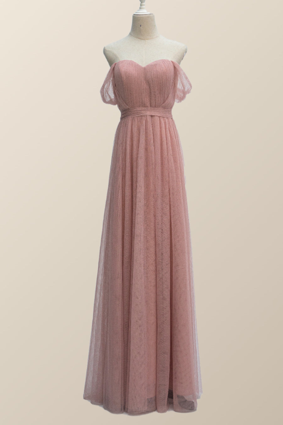 Empire Blush Pink Tulle A-line Long Bridesmaid Dress