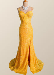 Yellow Sequin Corset Mermaid Long Party Dress