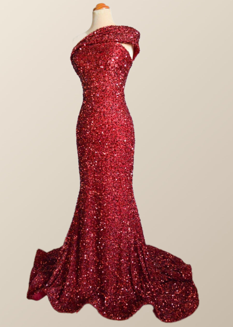 One Shoulder Wine Red Sequin Mermaid Party Dress