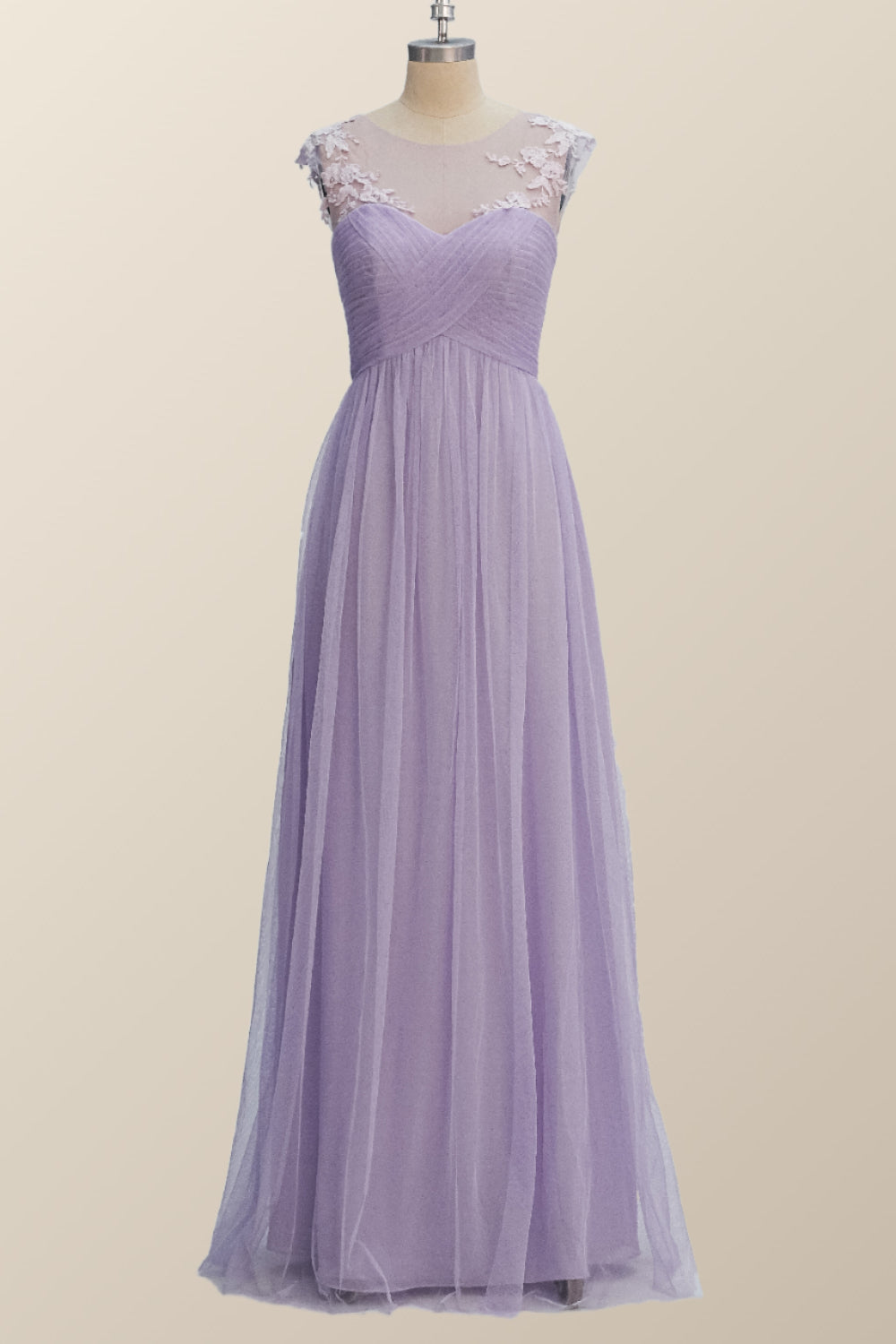 Lavender Illusion Scoop Lace Appliques A-line Bridesmaid Dress