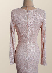Long Sleeves Champagne Sequin Cowl Neck Dress