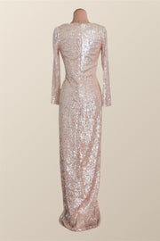 Long Sleeves Champagne Sequin Wrap Midi Dress