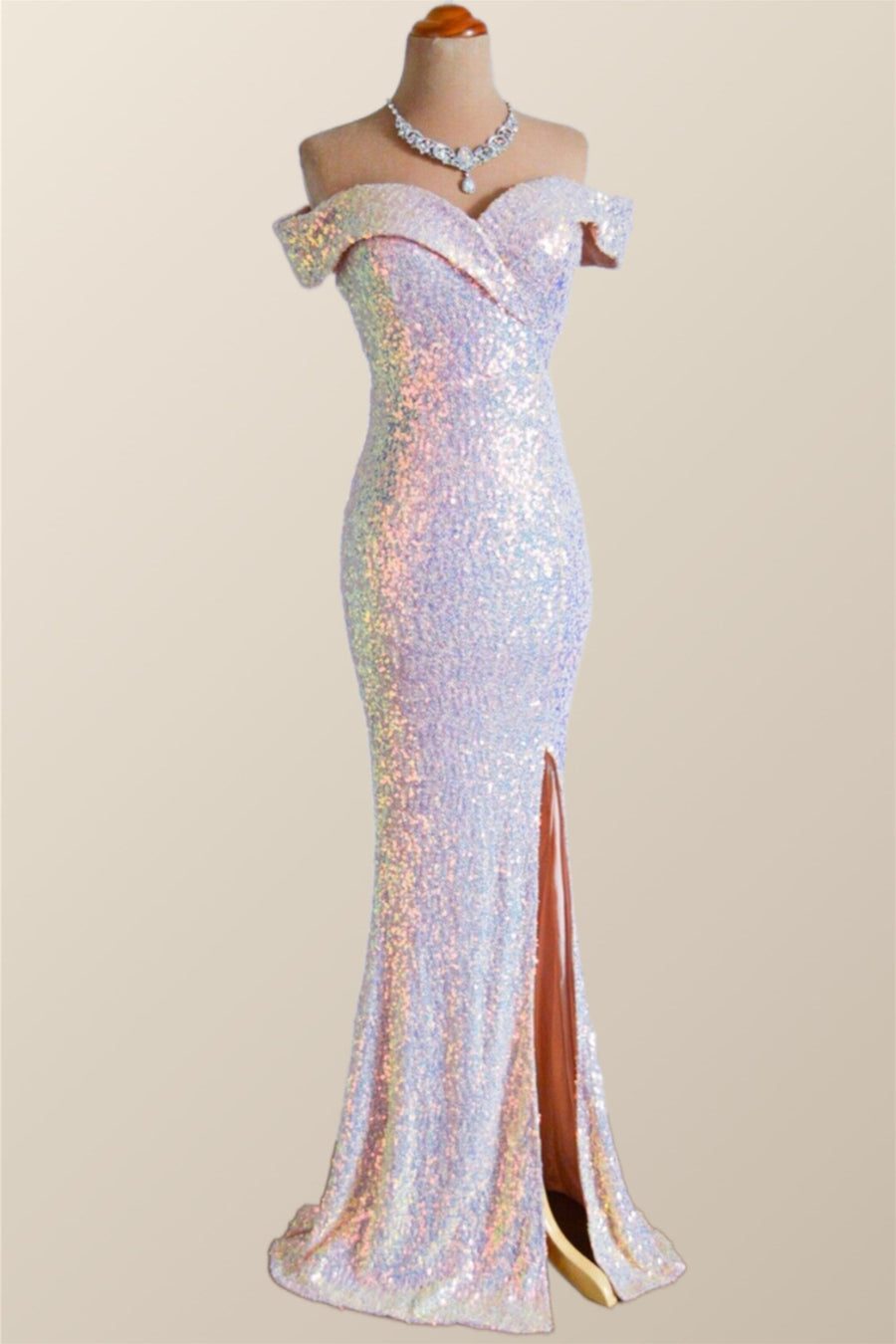 Off the Shoulder Champagne Sequin Mermaid Party Dress