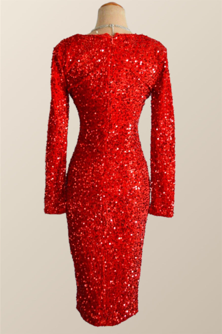 Long Sleeves Red Sequin Tight Dress