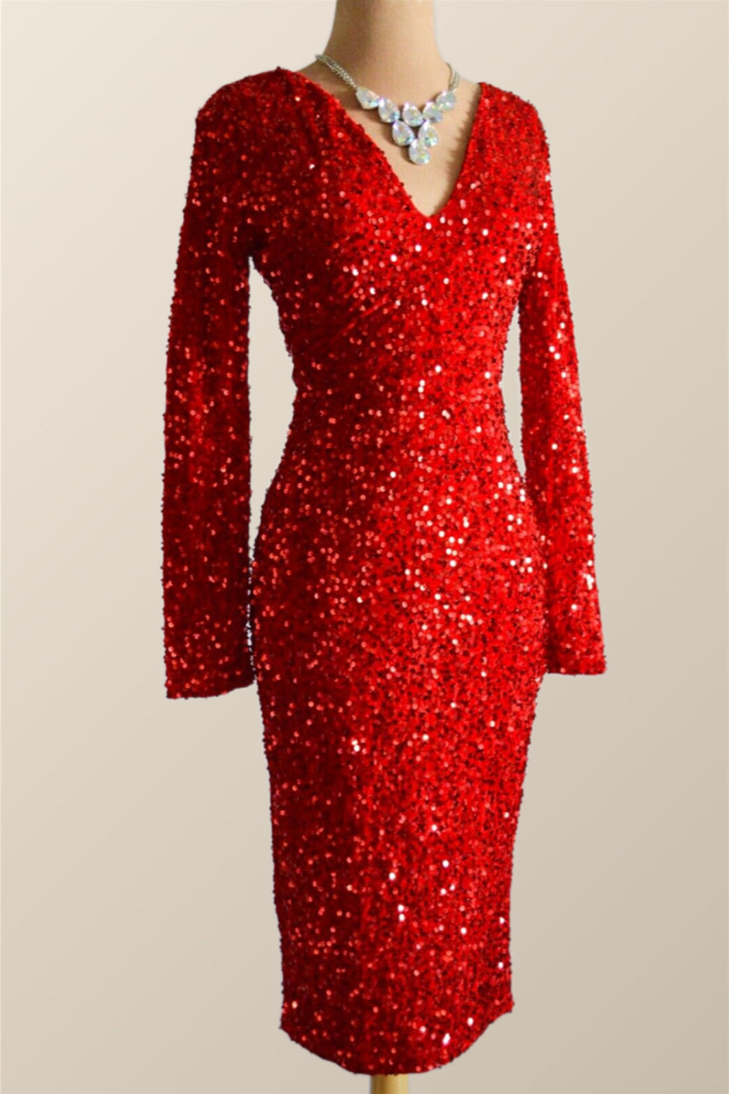 Long Sleeves Red Sequin Tight Dress