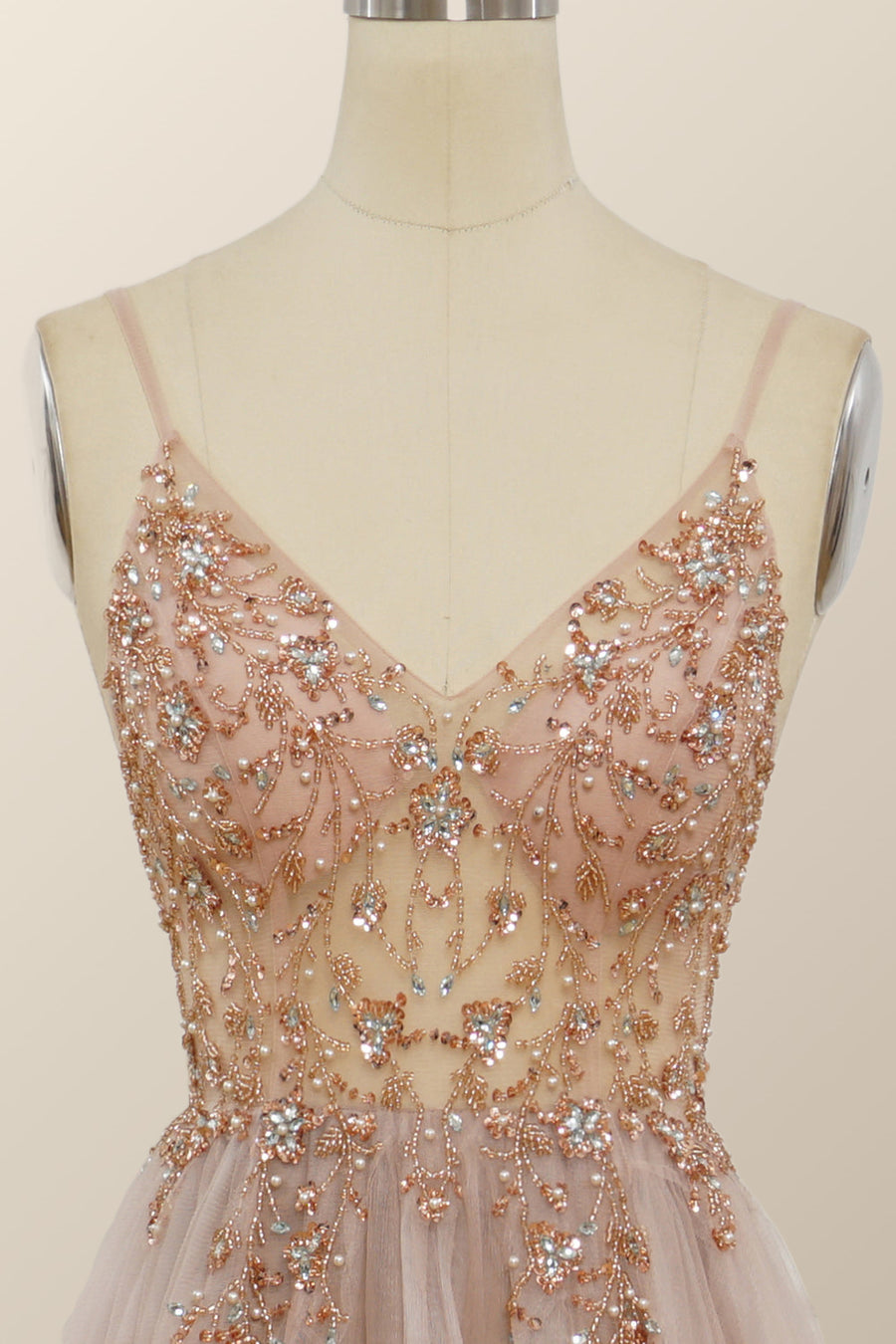 Rhinestones See Through Champagne Long Party Dress