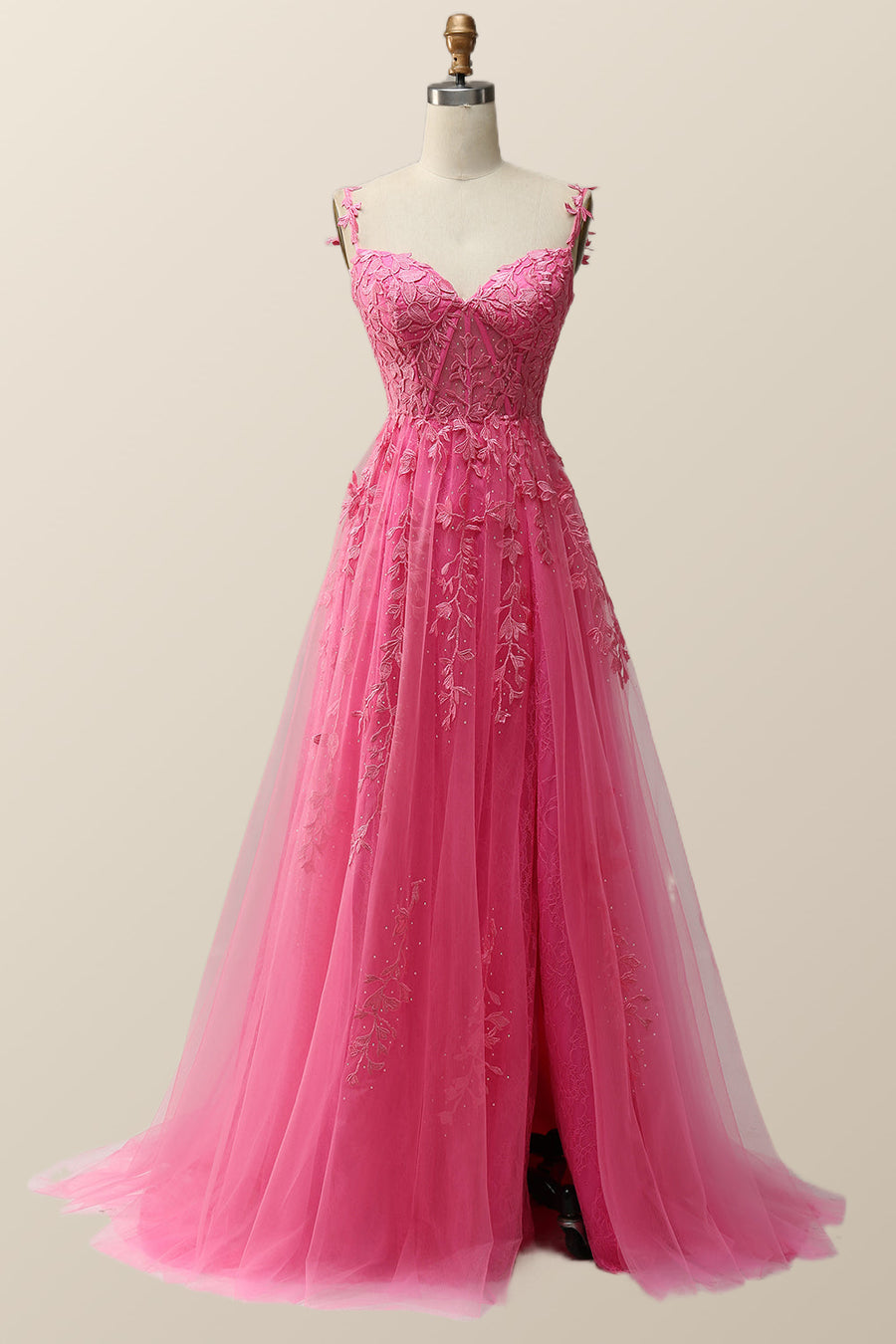 Hot Pink Lace Appliques A-line Long Formal Gown Ohmollydress Hot Pink Lace Appliques A-line Long Formal Gown Ohmollydress