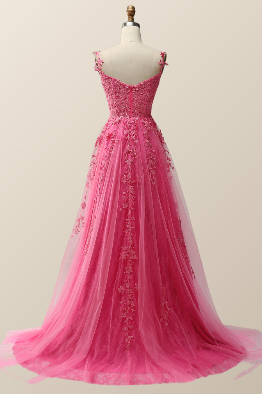 Hot Pink Lace Appliques A-line Long Formal Gown Ohmollydress Hot Pink Lace Appliques A-line Long Formal Gown Ohmollydress