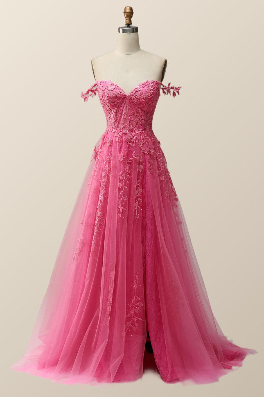 Hot Pink Lace Appliques A-line Long Formal Gown Ohmollydress Hot Pink Lace Appliques A-line Long Formal Gown Ohmollydress