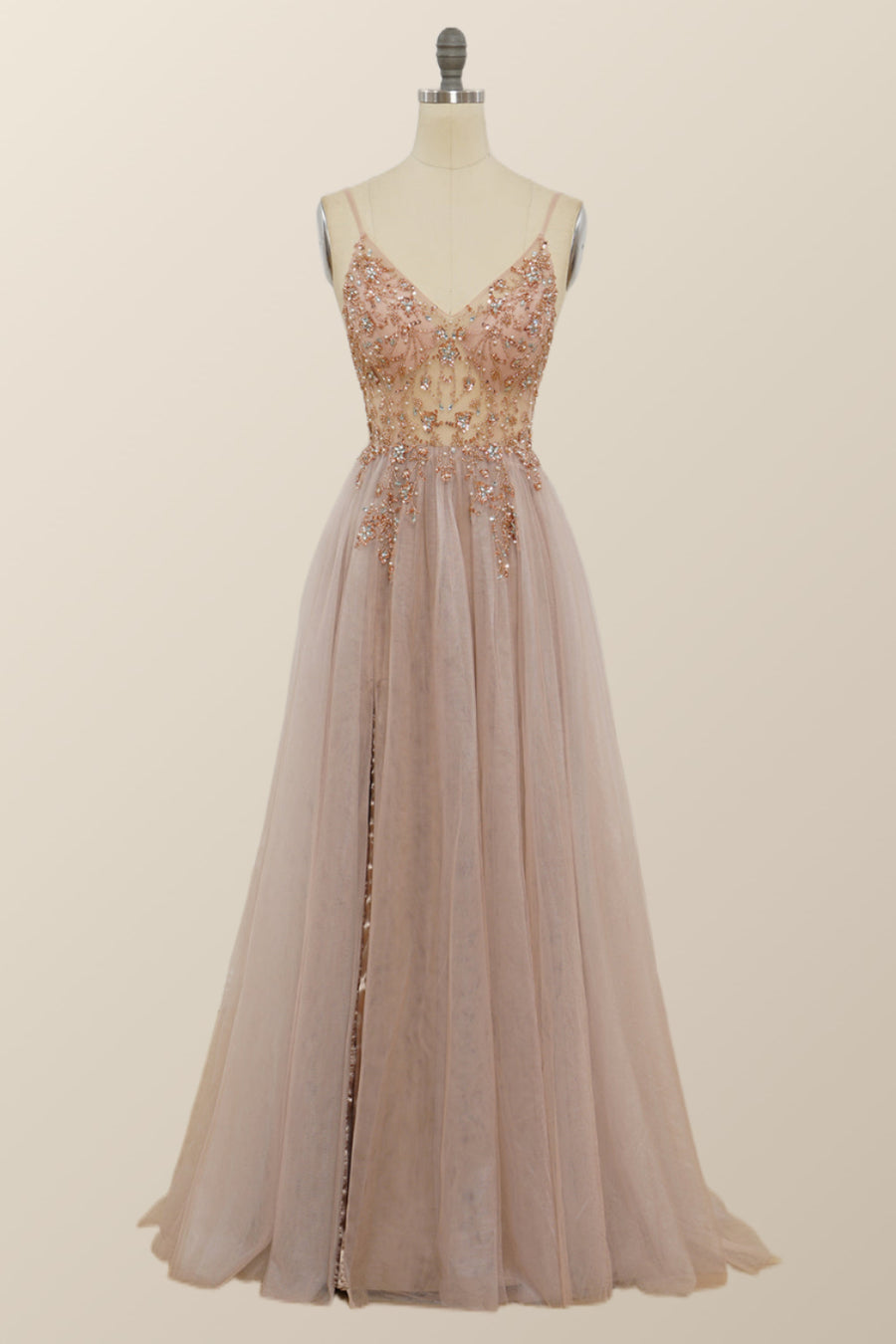 Rhinestones See Through Champagne Long Party Dress