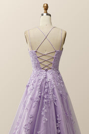 Lavender Lace Appliques A-line Long Formal Dress