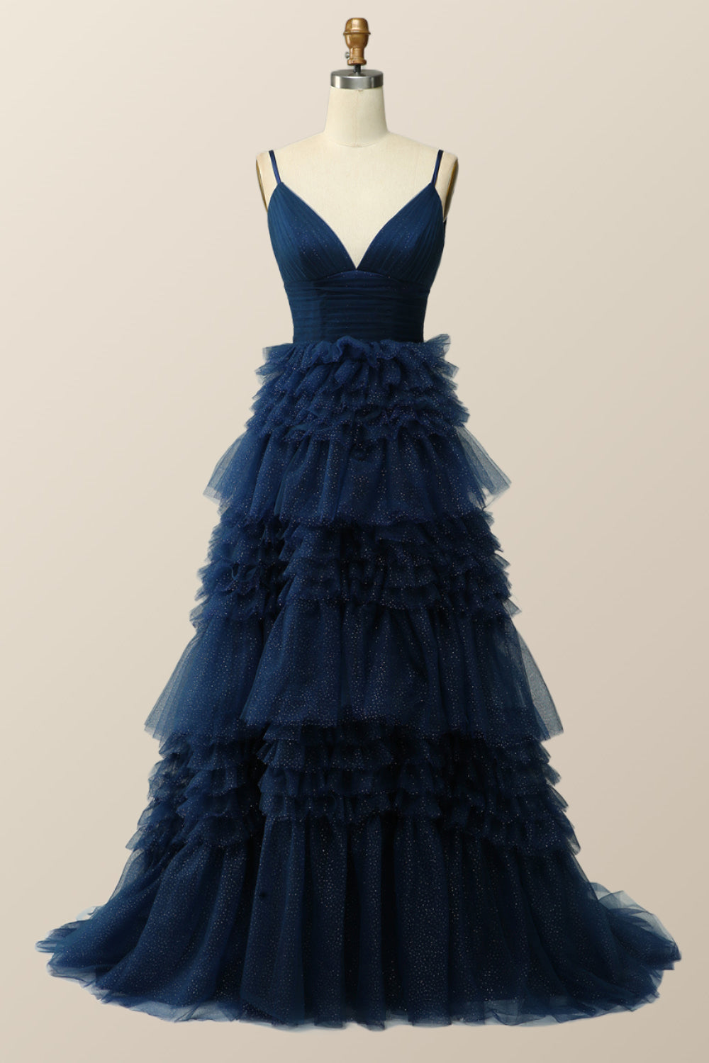 navy blue tiered ruffle long ball gown with straps $ 209 . 00 $ 209