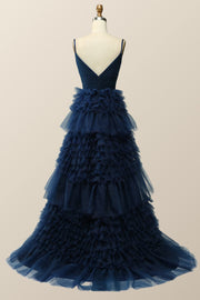 Navy Blue Tiered Ruffle Long Ball Gown