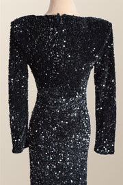 Long Sleeves Black Sequin Fitted Long Party Dress