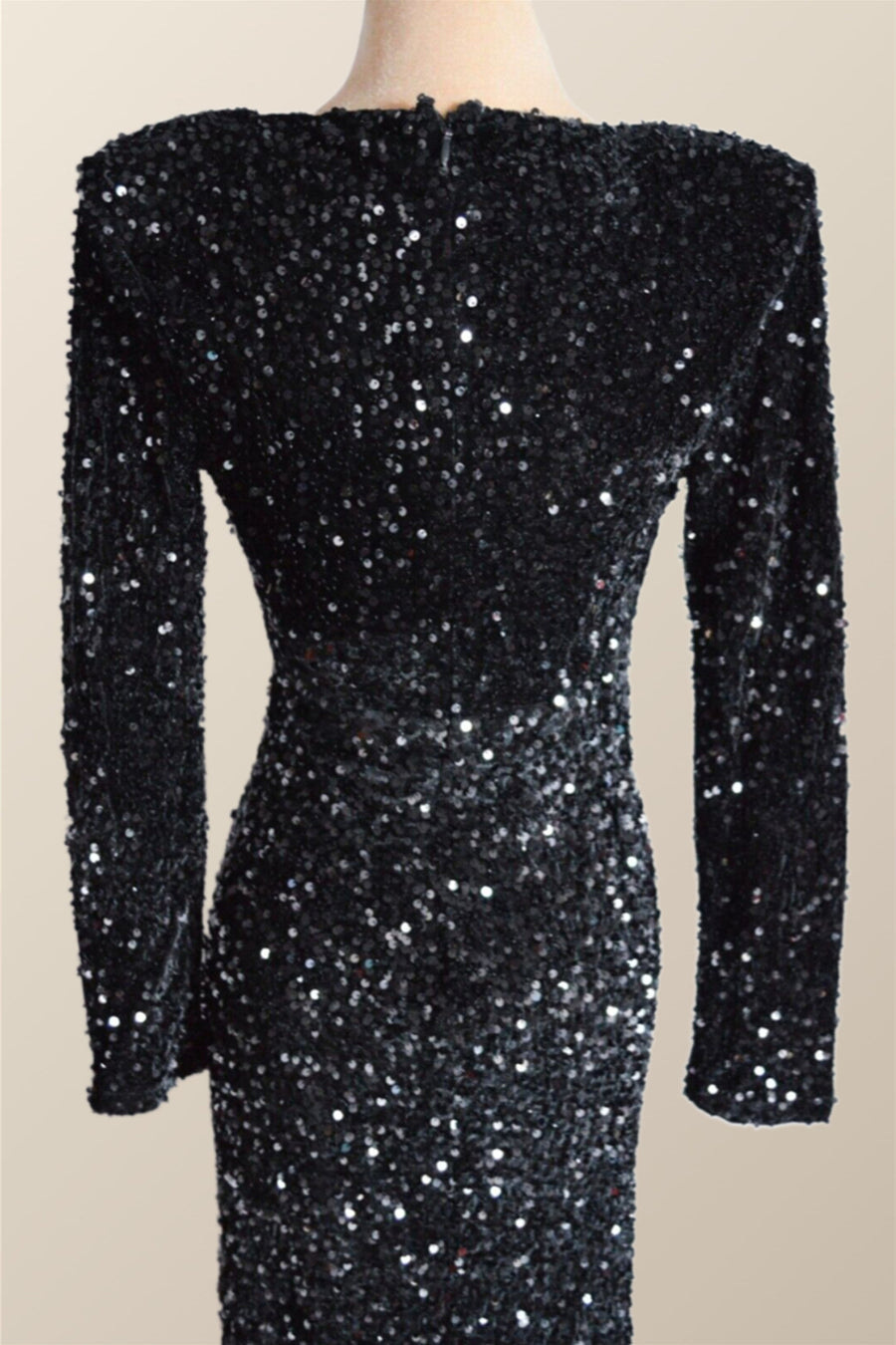Long Sleeves Black Sequin Fitted Long Party Dress