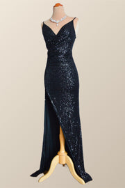 Black Sequin Straps Faux Wrap Party Dress