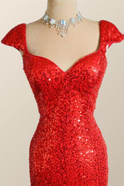 Cap Sleeves Red Sequin Mermaid Long Prom Dress