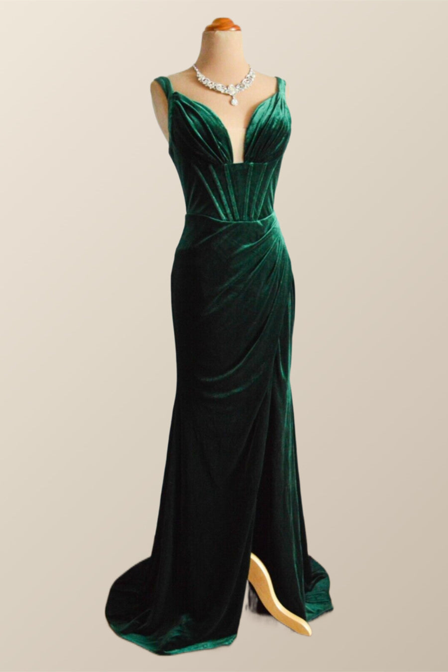 Green Velvet Mermaid Long Formal Dress with Slit