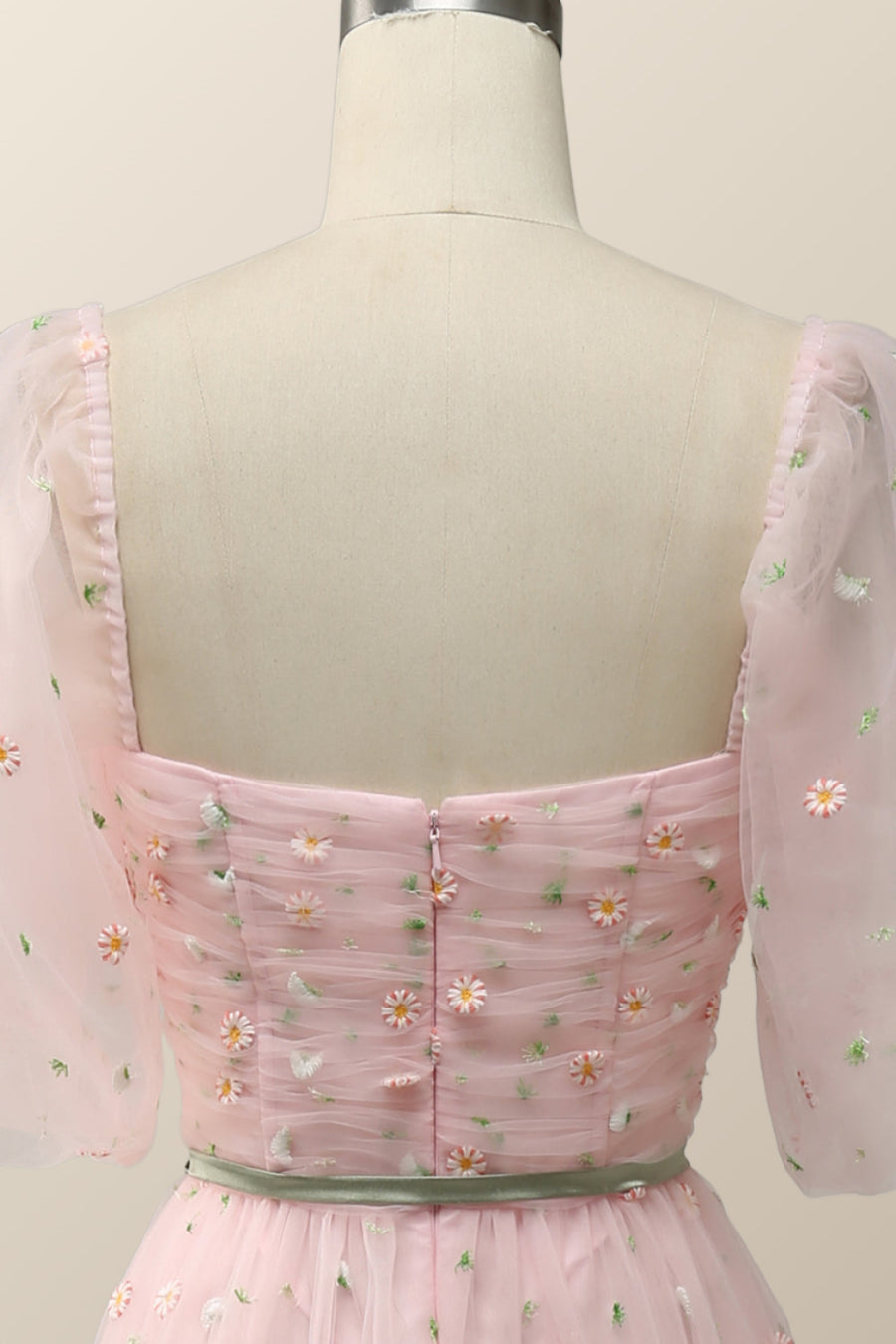 Pink Floral Embroidered Dress with Half Puffy Sleeves