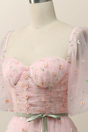 Pink Floral Embroidered Dress with Half Puffy Sleeves