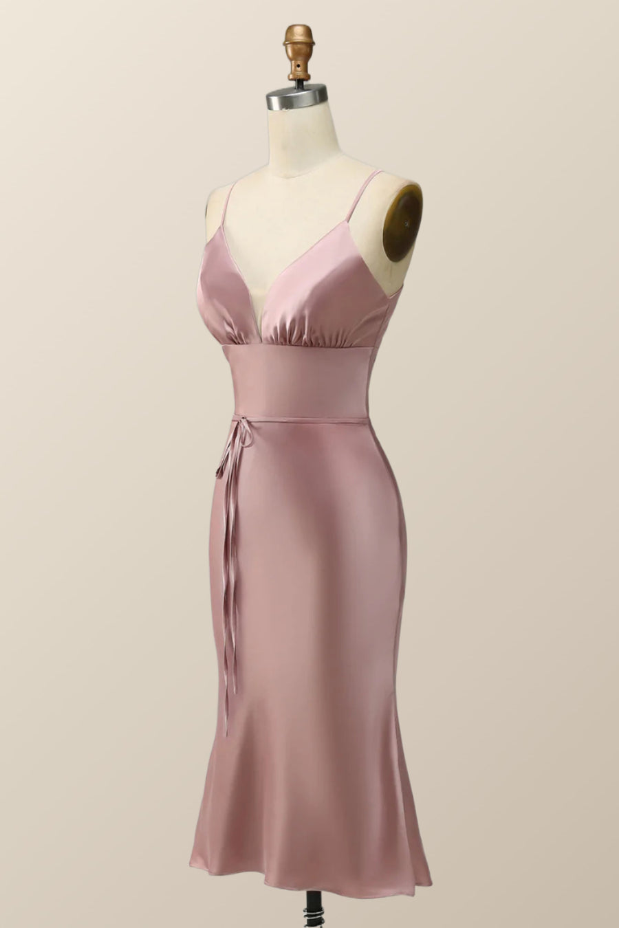 Straps Blush Pink Satin Midi Bridesmaid Dress