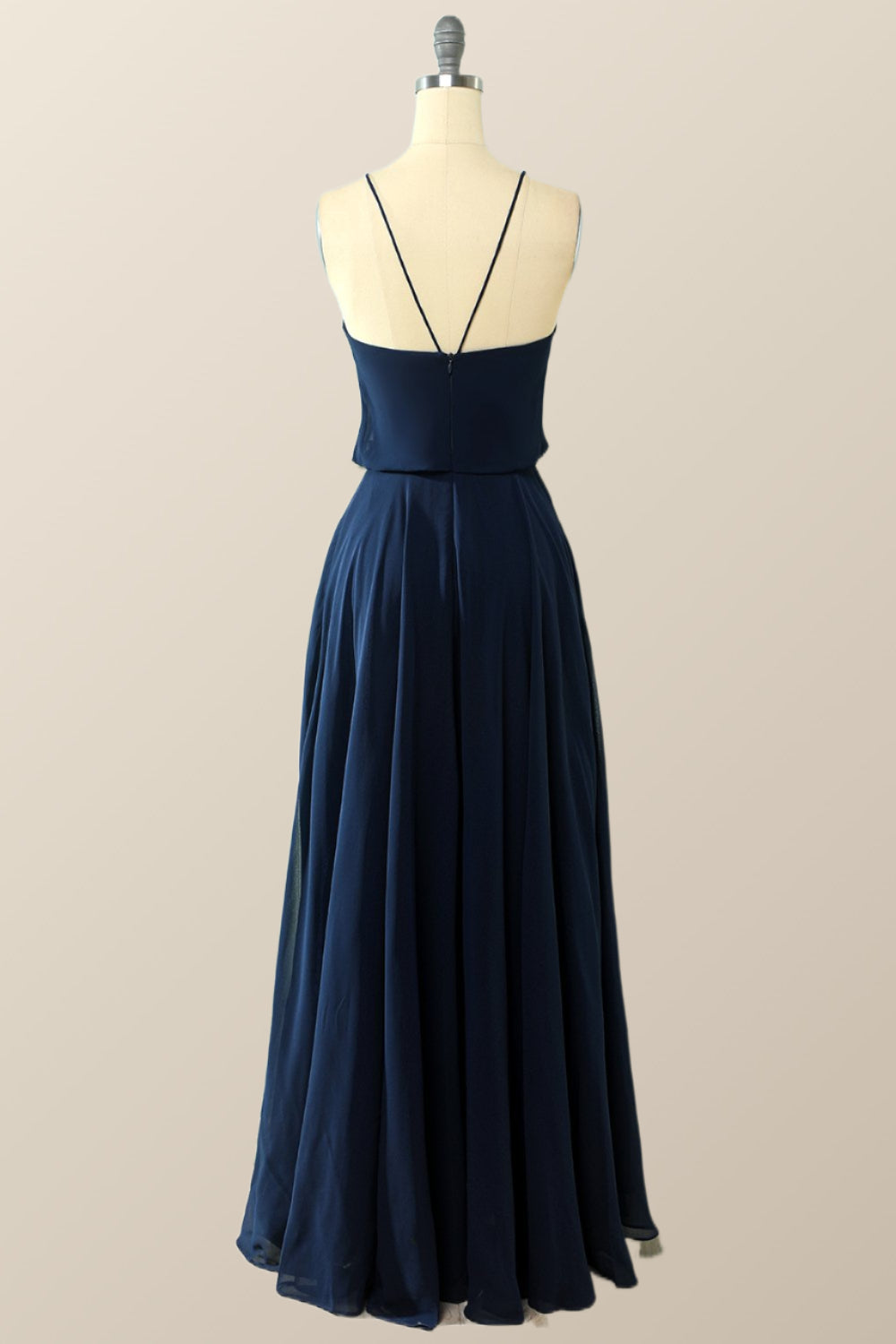 Navy Blue Blouson Bodice Chiffon Long Dress