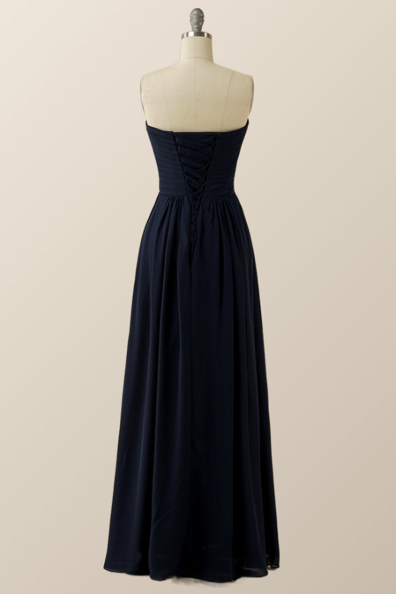 Navy Blue Chiffon Sweetheart A-line Long Dress