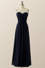 Navy Blue Chiffon Sweetheart A-line Long Dress