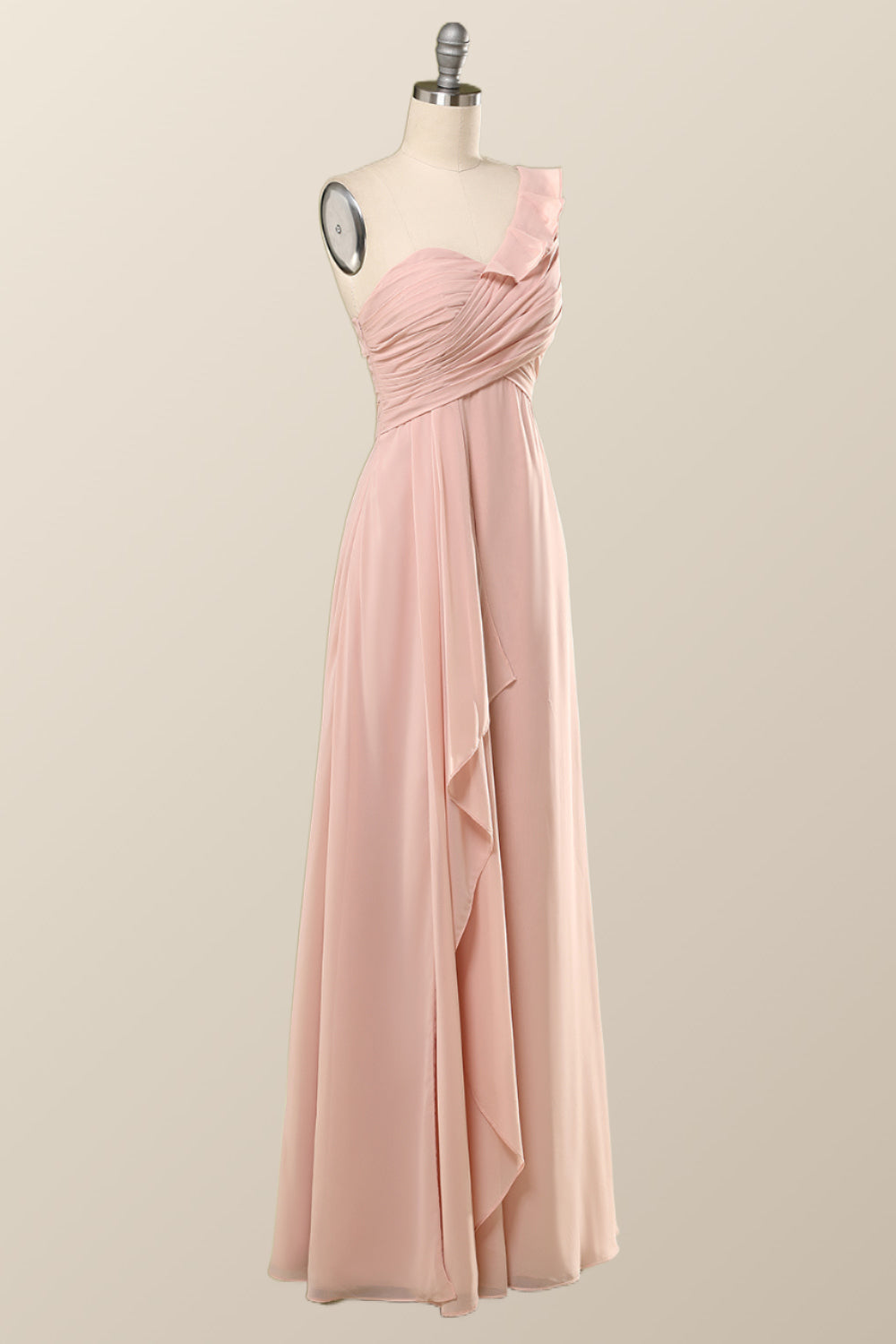 One Shoulder Blush Pink Chiffon Long Bridesmaid Dress