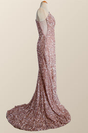 One Shoulder Rose Gold Sequin Mermaid Long Party Dress