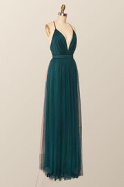 Plunge Turquoise Tulle A-line Long Formal Dresss