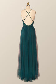 Plunge Turquoise Tulle A-line Long Formal Dresss