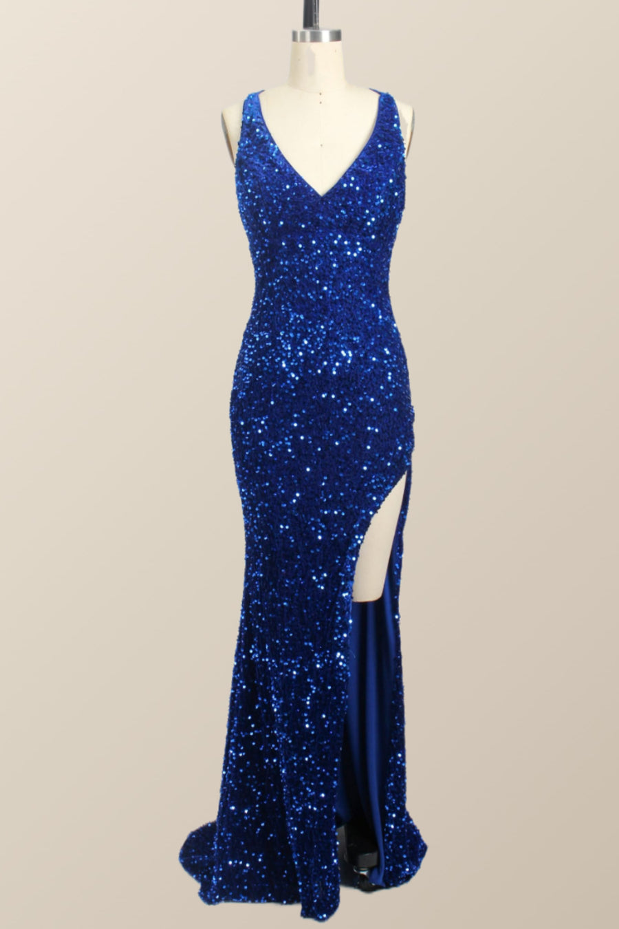 One Shoulder Royal Blue Sequin Slit Long Prom Dress