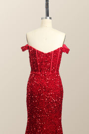 Off the Shoulder Red Sequin Mermaid Prom Dress