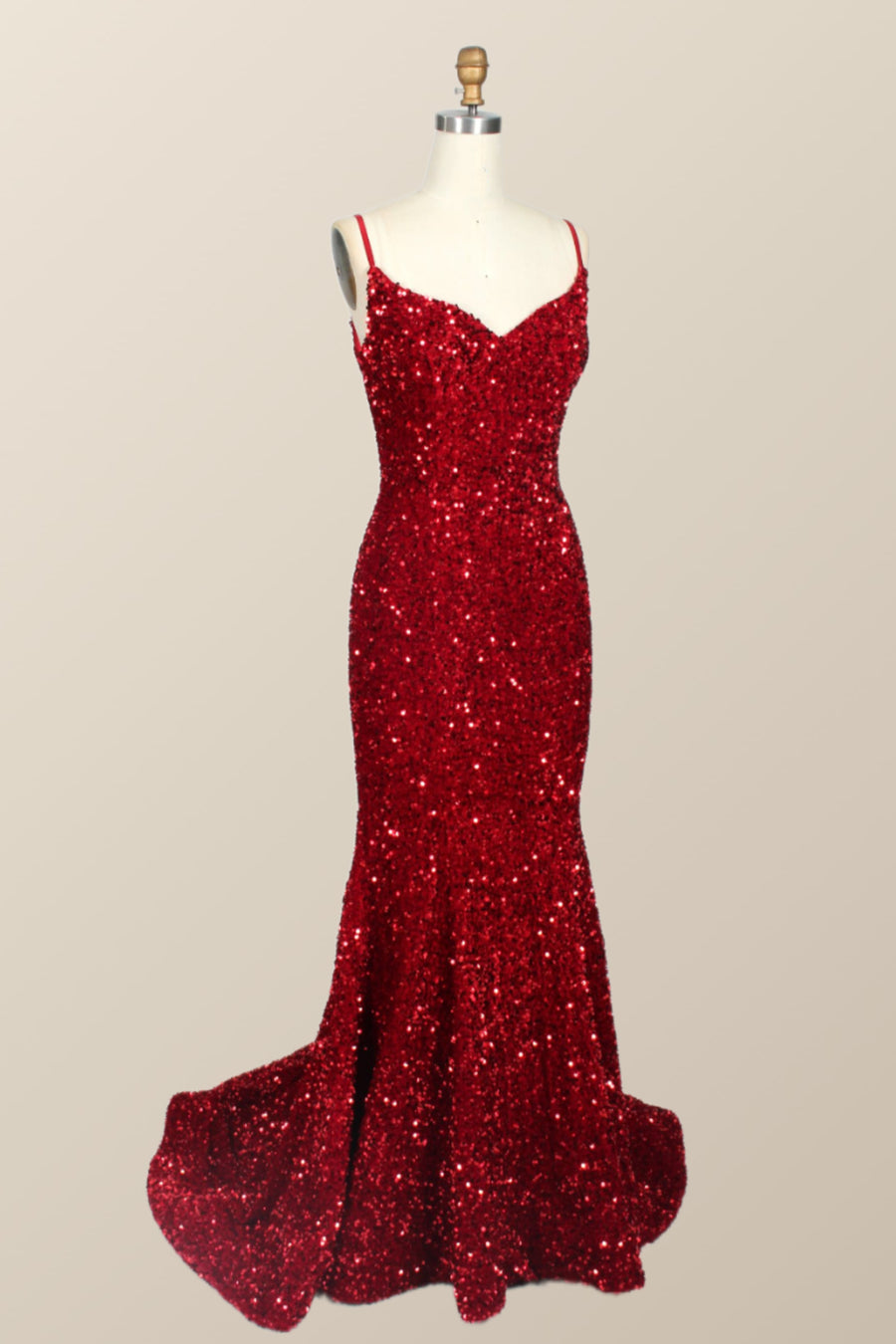 Straps Red Sequin Mermaid Long Party Dress
