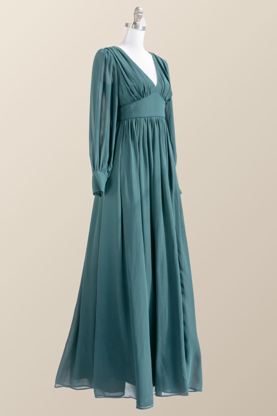 Long Sleeves Green Color Empire Long Dress