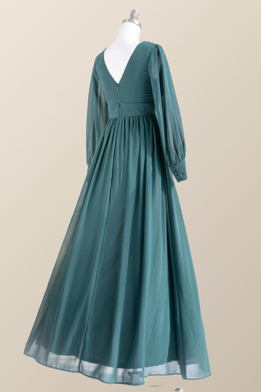 Long Sleeves Green Color Empire Long Dress