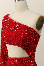 One Shoulder Long Sleeve Red Sequin Mermaid Party Dress