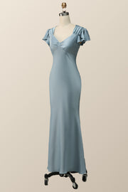 Flare Sleeves Blue Mermaid Long Bridesmaid Dress