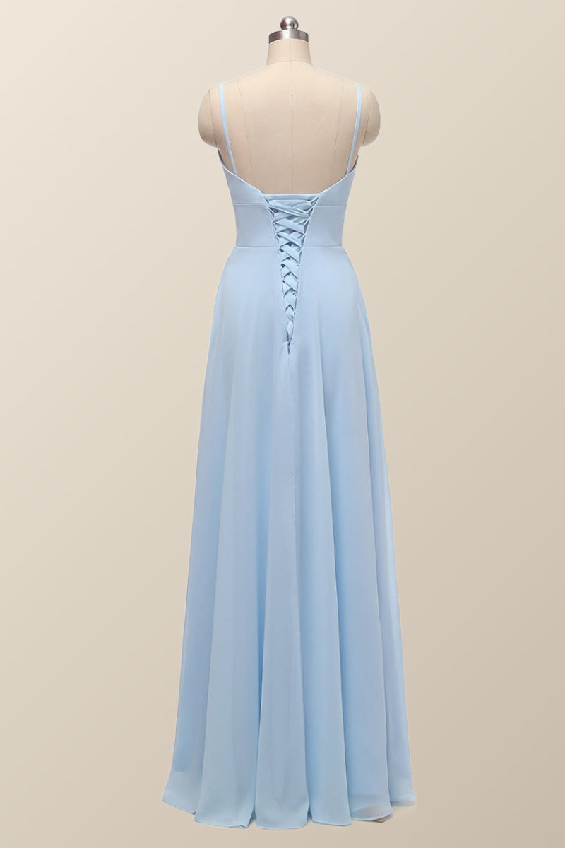Straps Blue Empire Chiffon Long Bridesmaid Dress