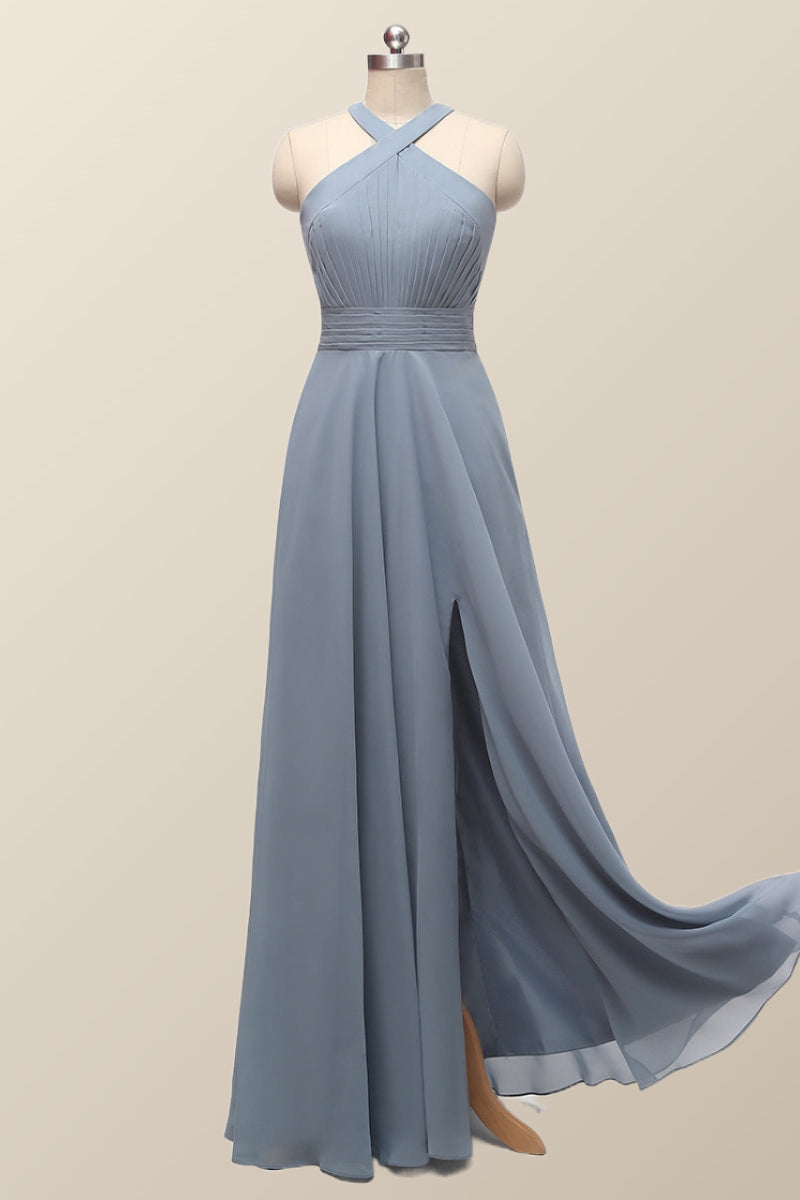 Halter Misty Blue Chiffon A-line Long Bridesmaid Dress – Ohmollydress