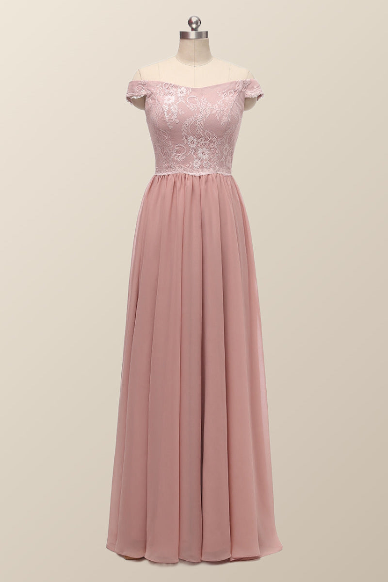 Off the Shoulder Blush Pink Lace and Chiffon Bridesmaid Dress