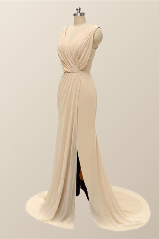 v neck mikado bridesmaid dress with side pleats V-Neck Elegant Beading Pleats Sleeveless Long Chiffon Bridesmaid Dresses
